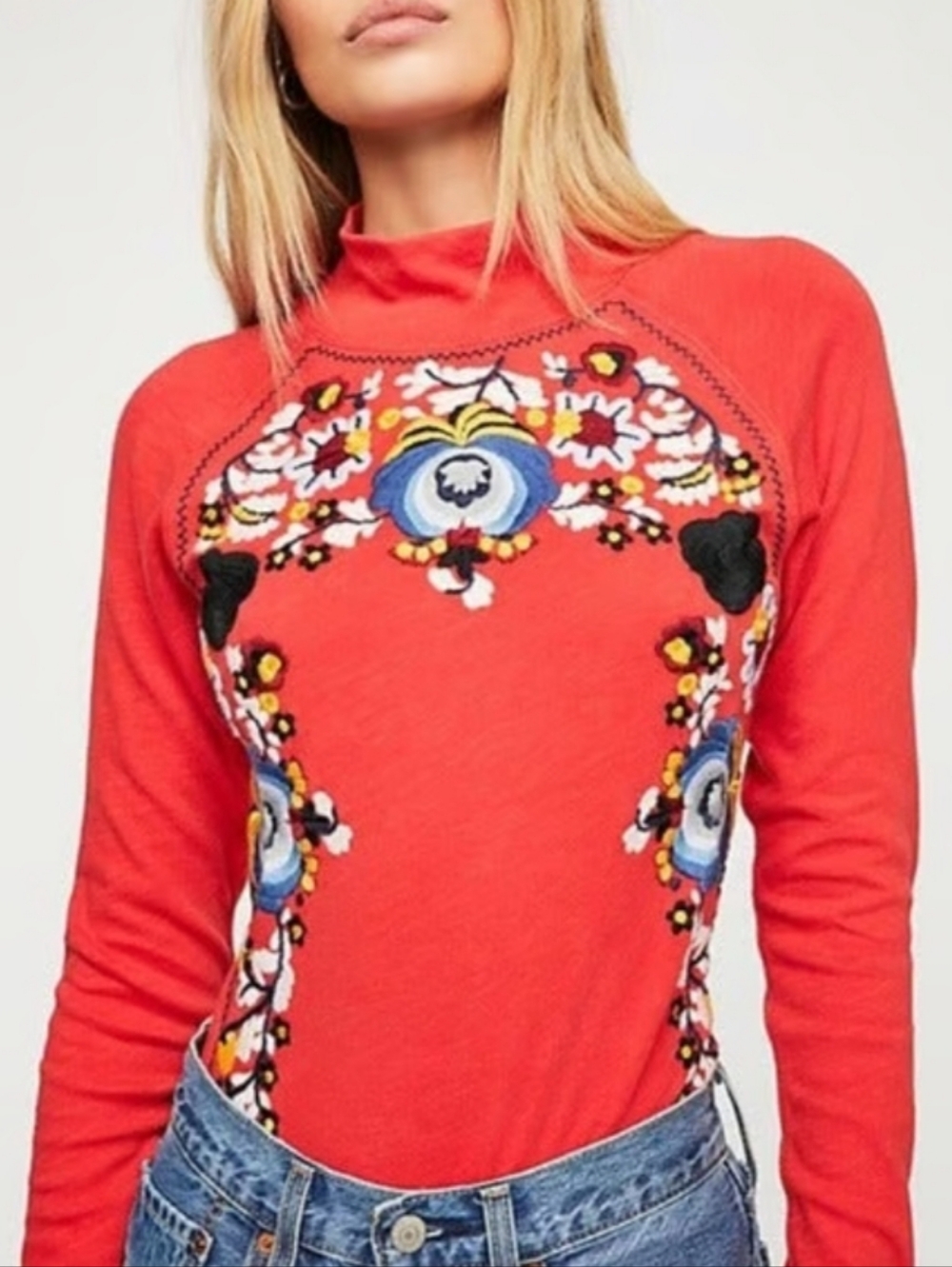 Free People Top  Disco Rose Red Long‎ Sleeve Embroidered